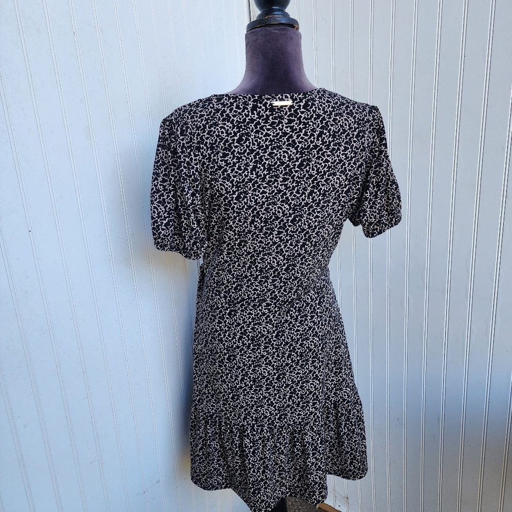 MICHAEL Michael Kors Black Beige Print Tie Faux Wrap Dress Ruffle Short Sleeve L - Picture 7 of 13